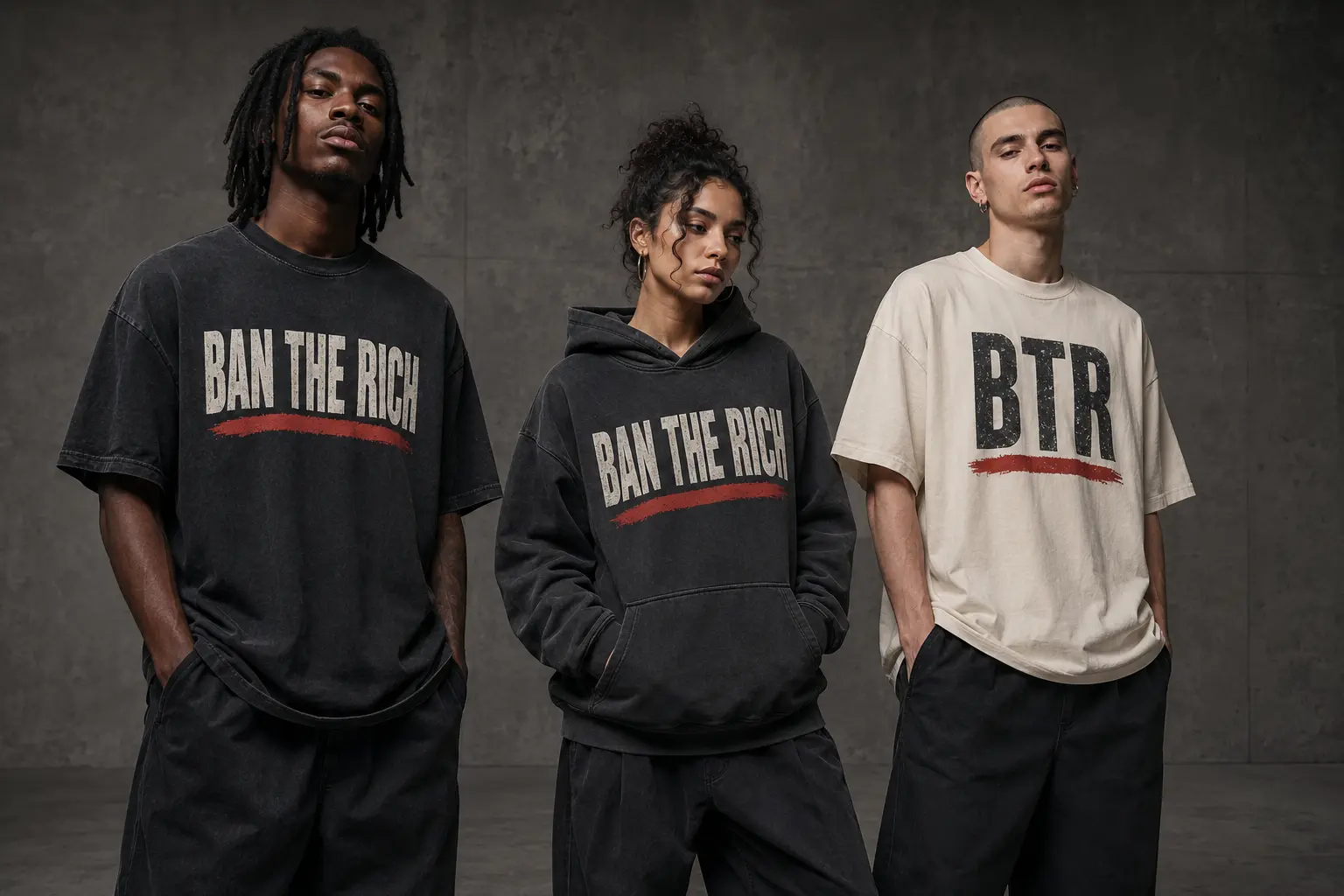 Three models wearing oversized BAN THE RICH T-shirts and a hoodie